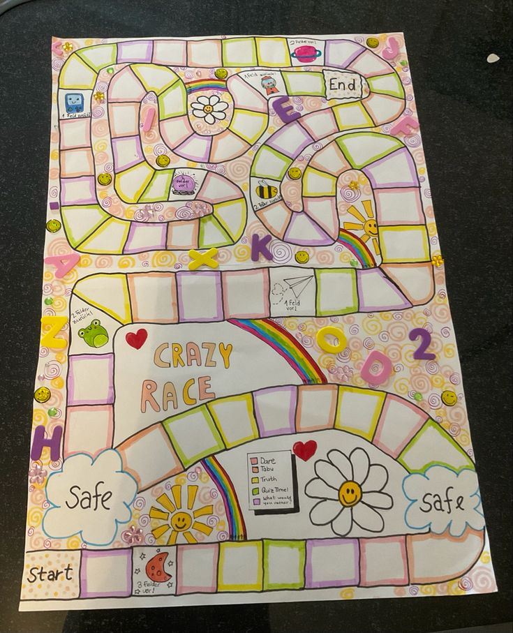 this is a drawing of a game called crazy race with flowers and rainbows on it