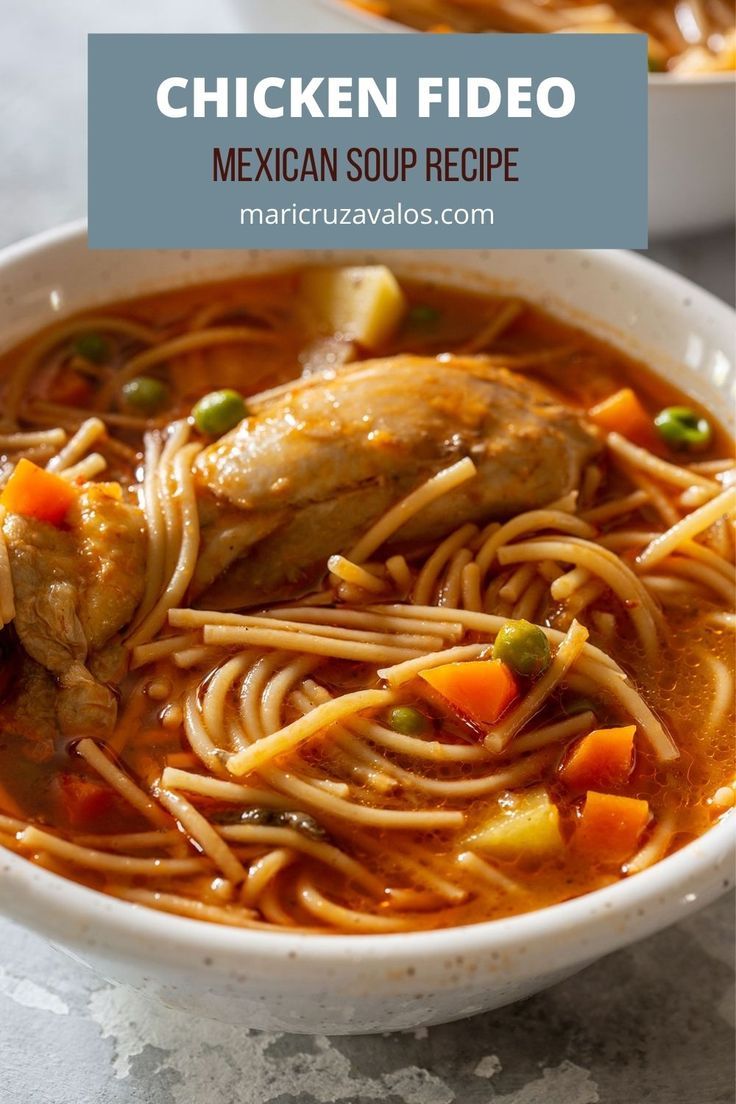 mexican soup recipe with chicken and noodles in a white bowl on top of a table