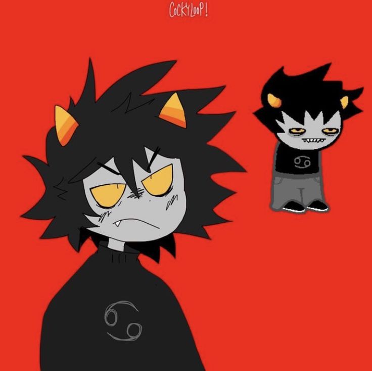 two cartoon characters with yellow eyes and black hair, one is staring at the camera