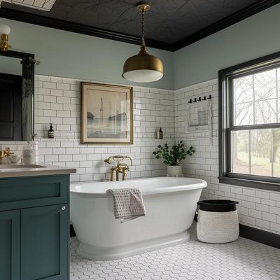 a bathroom with white tile and green cabinets