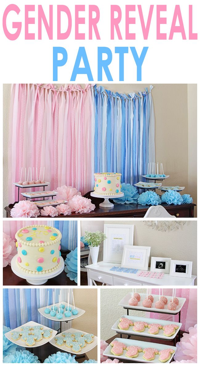 a pink and blue gender reveal party with lots of cake