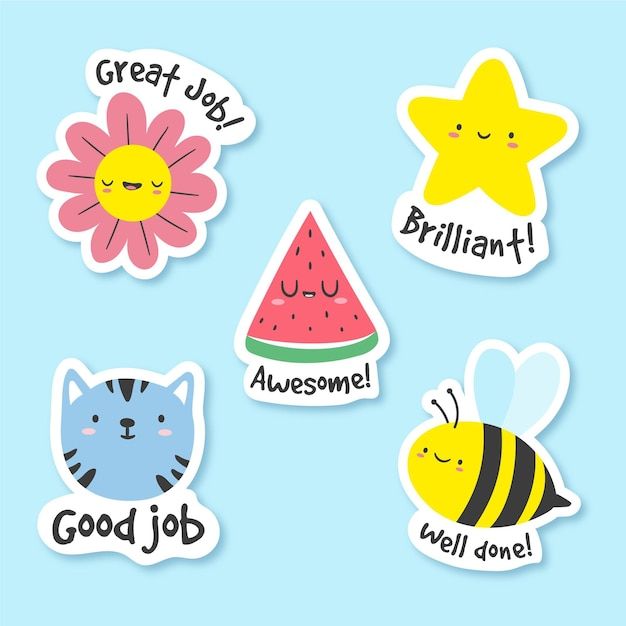 four stickers that say great job, watermelon, bee, and cat