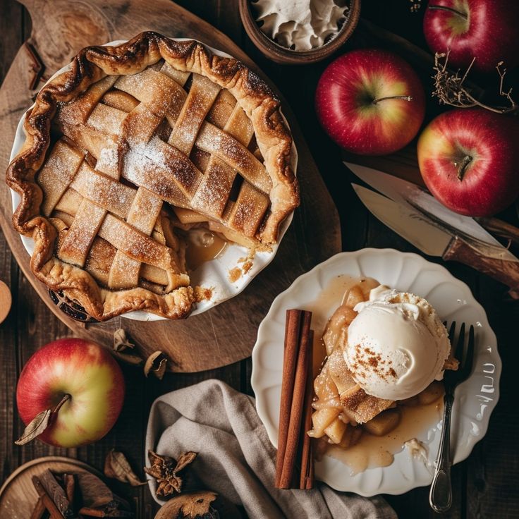 an apple pie on a wooden table with apples and cinnamon sticks next to the pie