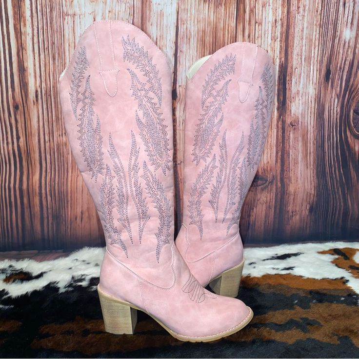 Dusty Pink Cowboy Boots Size 8 New Without Tags Knee High Boots Side Zipper 3” Heel Faux Suede Material With Grey Contrast Stitching Round Toe Fast Shipping Smoke Free Environment Reasonable Offers Always Welcome Thank You For Shopping Stella’s Closet! Trendy Wide Calf Closed Toe Heeled Boots, Knee-high Faux Leather Boots For Spring, Spring Wide Calf Faux Leather Boots, Wide Calf Faux Leather Boots For Spring, Pink Knee-high Boots With Round Toe For Fall, Western Style Pink Mid-calf Boots For Winter, Pink Western Style Mid-calf Boots For Winter, Pink Boots With Reinforced Block Heel, Western Style Round Toe Heeled Boots In Faux Leather