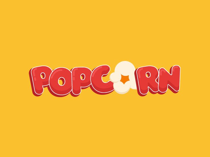 the word popcorn written in red and white on a yellow background with an orange star