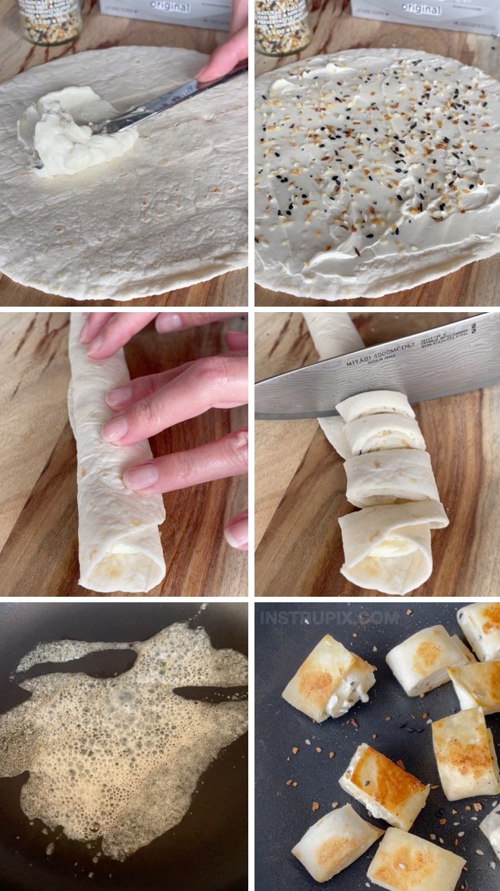 four pictures showing how to make cheese and crackers