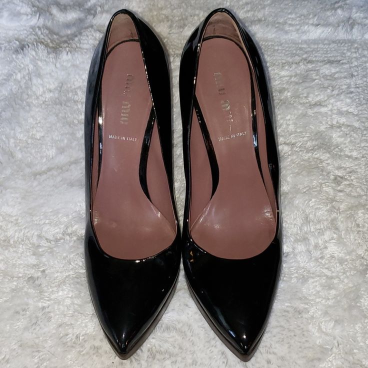 Never Worn. Black Patent Leather Shoes With 3.5" Wood Heels. Calf Leather Court Shoes With Round Toe For Party, Miu Miu Low Heel Patent Leather Heels, Miu Miu Patent Leather Low Heels, Miu Miu Luxury Heels With Sculpted Heel, Luxury Miu Miu Heels With Sculpted Heel, Miu Miu Elegant Block Heel Heels, Elegant Miu Miu Block Heel Heels, Elegant Miu Miu Block Heels, Miu Miu Heels With Branded Heel Counter For Evening