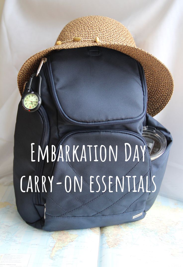 a backpack with the words embarcation day carry - on essentials written on it