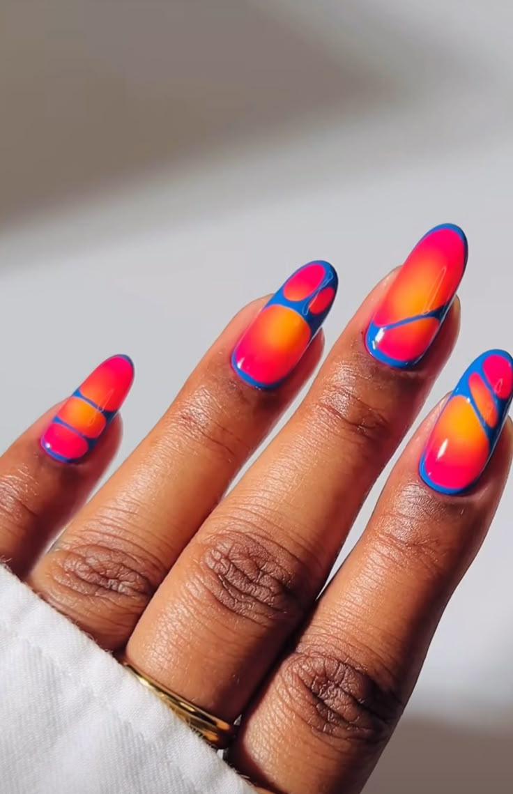 Orange Nail Design Ideas, Red Blue Yellow Nails, Red Evil Eye Nails, Purple Orange Nails, Blue And Orange Nails Designs, Nails Red Orange, Miami Nails Ideas, Orange And Blue Nails, Summer Nails Orange