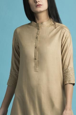 Shop for Saksham Neharicka Beige Silk Kurta Palazzo Set for Women Online at Aza Fashions Festive Straight Kurta Tops With Self Design, Elegant Kurta With Band Neckline For Festive Occasions, Festive Semi-stitched Straight Kurta, Elegant Festive Kurta With Band Neckline, Festive Elegant Kurta With Band Neckline, Festive Self Design Straight Kurta Tops, Transitional Tops With Resham Embroidery, Straight Kurta With Resham Embroidery In Loose Fit, Fitted Straight Kurta Tops For Navratri