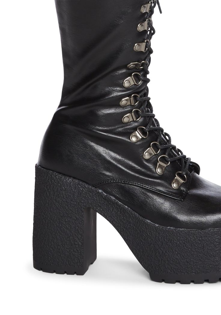 the streets are calling. These boots come in a vegan leather construction, with a platform heel, lace up front details, and an inner zip closure. Alternative Black Lace-up Boots With Chunky Platform, Grunge High Ankle Lace-up Platform Boots, Chunky Platform Lace-up Combat Boots In Faux Leather, Punk Style Lace-up Platform Mid-calf Boots, Leather Boots With Lug Sole For Concert, Black Grunge Lace-up Boots With Chunky Platform, Faux Leather High Ankle Platform Boots For Concerts, Fall Concert Platform Ankle Boots, Fall Concert Ankle Platform Boots