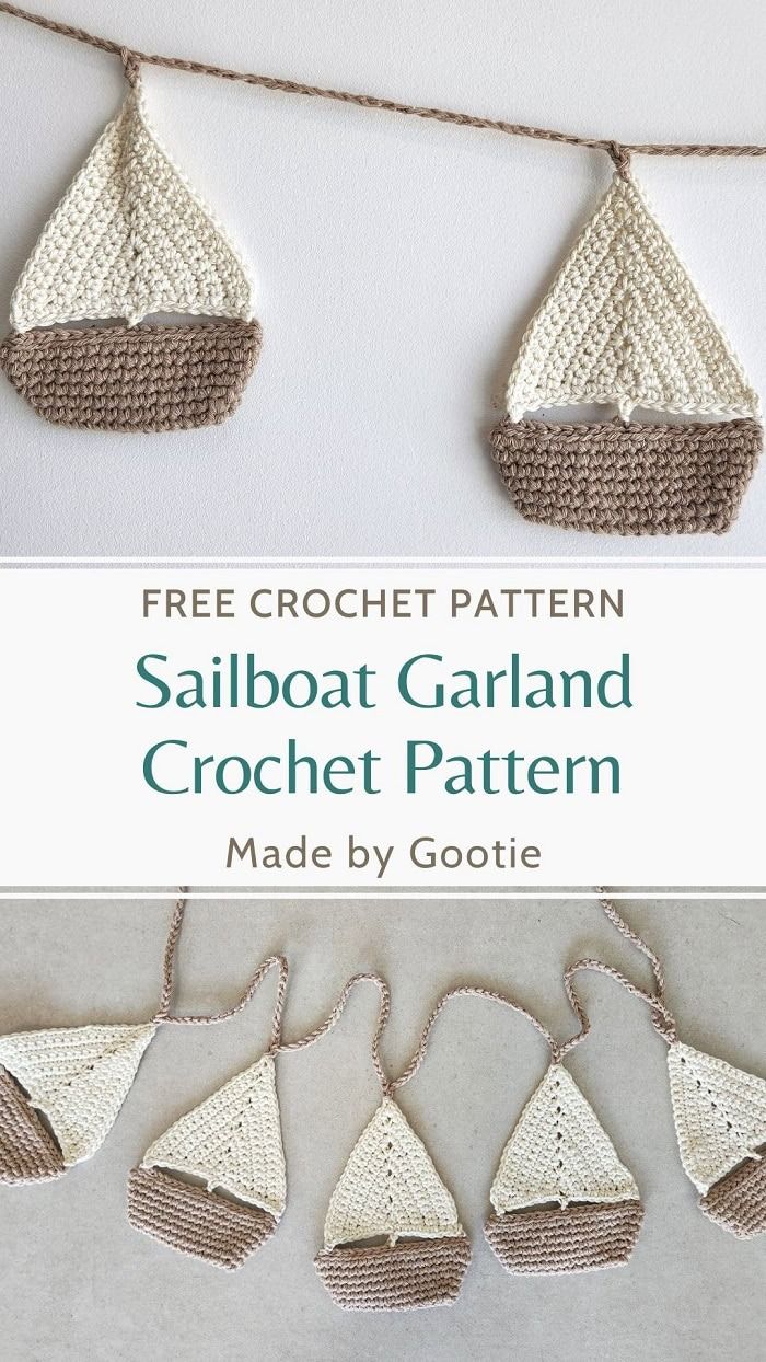 three crocheted sailboat garlands hanging from a line with text overlay that reads free crochet pattern