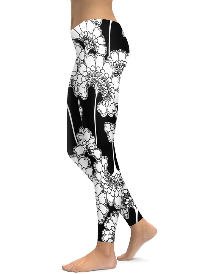 Japanese Floral Leggings - Gearbunch Black And White Color, Floral Leggings, Squat Proof, Social Media Influencer, Black And White Colour, Yoga Meditation, Color Combination, Stretchy Fabric, Be Happy