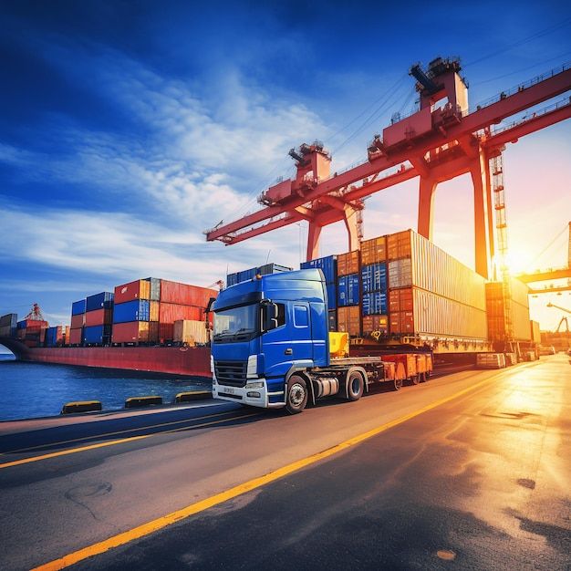 a blue semi truck driving down a road next to a large container ship in the ocean