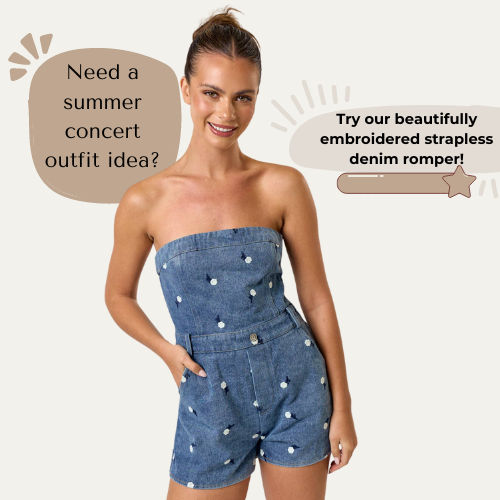 Need a new trendy summer look for your upcoming country concert? Look no further. Try our new beautifully embroidered floral strapless denim romper. Cotton Summer Shortalls For Spring, Spring Shortalls Overall For Day Out, Spring Shortalls For Day Out, Spring And Summer Style Shortalls, Sleeveless Shortalls For Summer Day Out, Summer Cotton Shortalls For Day Out, Chic Summer Cotton Denim Jumpsuit, Chic Cotton Shortalls For Day Out, Trendy Shortalls For Spring Day Out