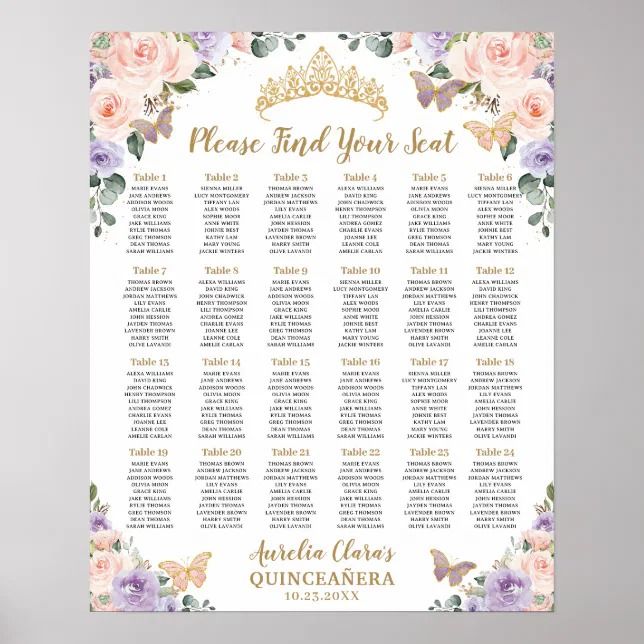 a wedding seating chart with pink flowers and butterflies on it, in gold foil lettering