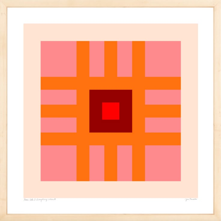 an orange and red square is in the middle of a white framed art print on wood