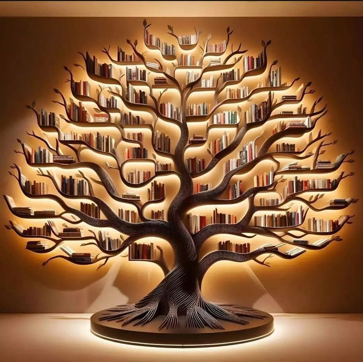 an illuminated tree with bookshelves on it