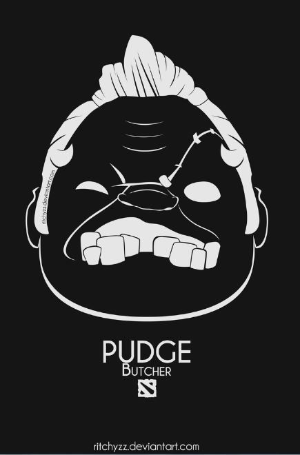 a black and white drawing of a face with the words pudge butcher on it