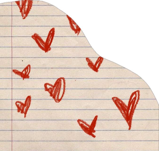 a piece of lined paper with hearts drawn on it