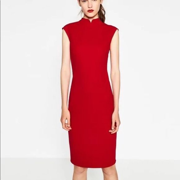 Nwt Red Midi Body Con Dress From Zara! I Bought It For A Banquet And Decided In Something Else. Elegant Red Stretch Mini Dress, Red Stretch High Neck Dress, Red High Neck Stretch Dress, Formal Red High Neck Dress, Red Stretch Midi Dress For Work, Elegant Red Stretch Dress, Chic Red Short Sleeve Bodycon Dress, Red High Neck Mini Dress For Spring, Elegant Red Stretch Midi Dress