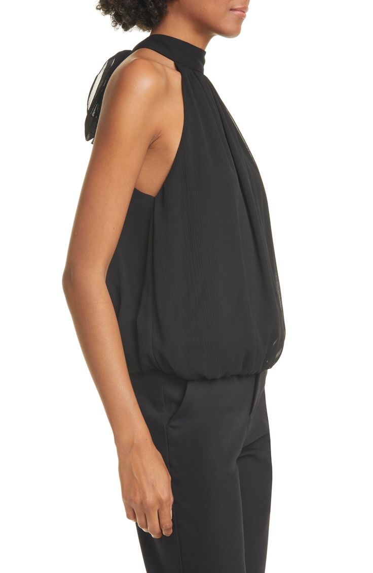 A party-ready top channels '70s chic in a blousy cut of crinkled crepe gathered to a high, halter-style neckline with feminine ties at the back. 21 1/2" center front length (size Medium) Ties at neck Band collar Sleeveless, with cutaway shoulders Lined 100% polyester Dry clean Imported Individualist Chic Halter Top With Gathered Neckline, Chic Halter Neck Blouse For Date Night, Chic Black High Neck Halter Top, Spring Evening Halter Neck Blouse, Chic Tops With Gathered Neckline, Chic Halter Neck Top For Formal Occasions, Spring Formal Halter Neck Tops, Chic Party Tops With Gathered Neckline, Chic Halter Neck Blouse For Formal Events