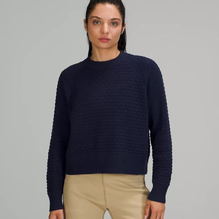 Lululemon Texture Play Crew Sweater Color: Night Sea Sea Texture, Lululemon Sweatshirt, Cashmere Color, Black Knit Sweater, Warm Sweater, Open Knit Sweater, Warm Sweaters, Knitting Women Sweater, Women Hoodies Sweatshirts