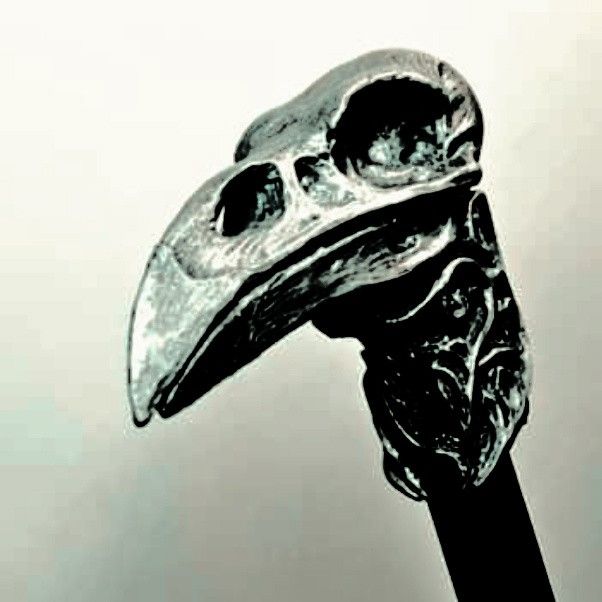 a close up of a metal bird head on a black stick in front of a white background