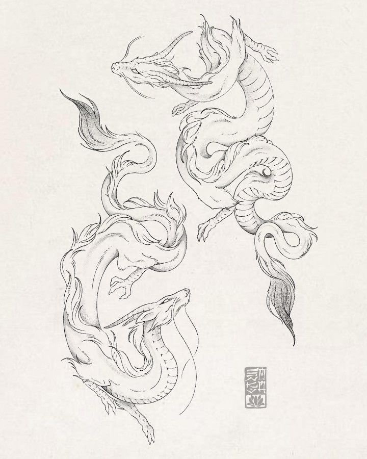 an ink drawing of two dragon on white paper