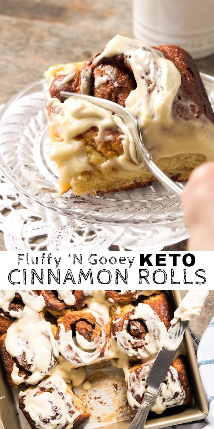 a close up of a plate of food with cinnamon rolls on it and the words fluffy n gooey keto cinnamon rolls