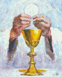 a painting of two hands holding a golden chalicee over a white tablecloth