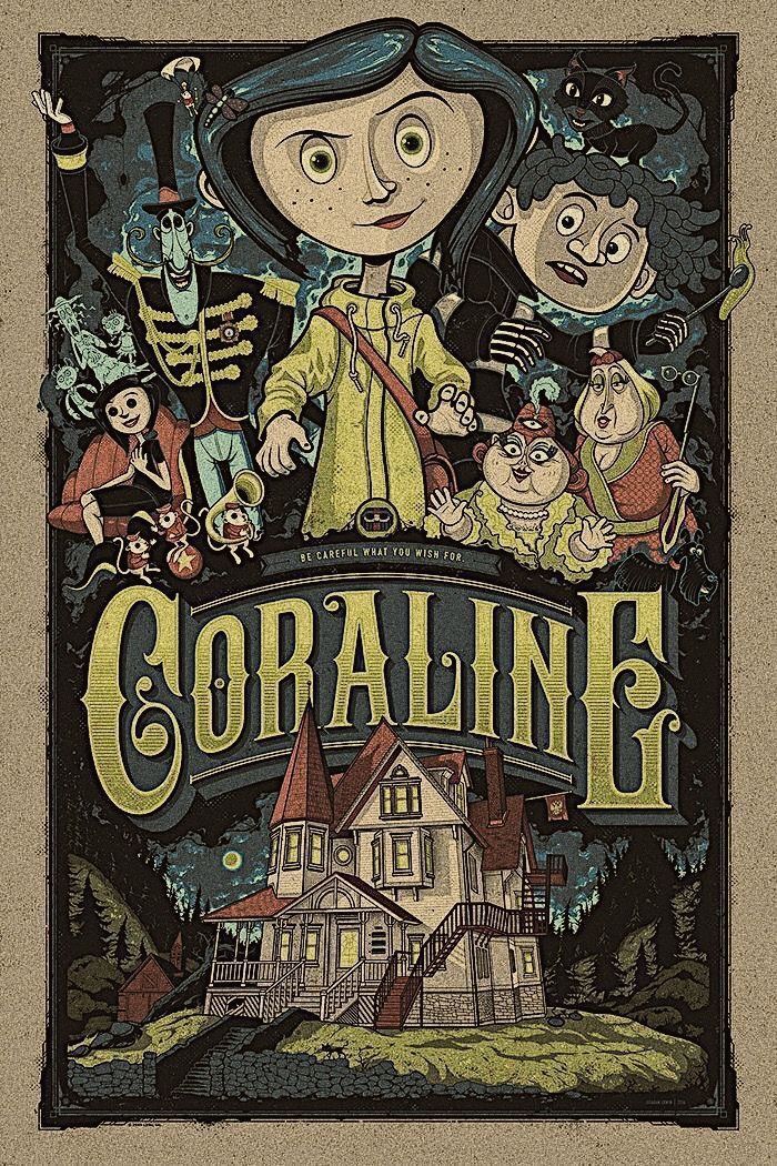 an image of a cartoon character on the front cover of a poster for coraline