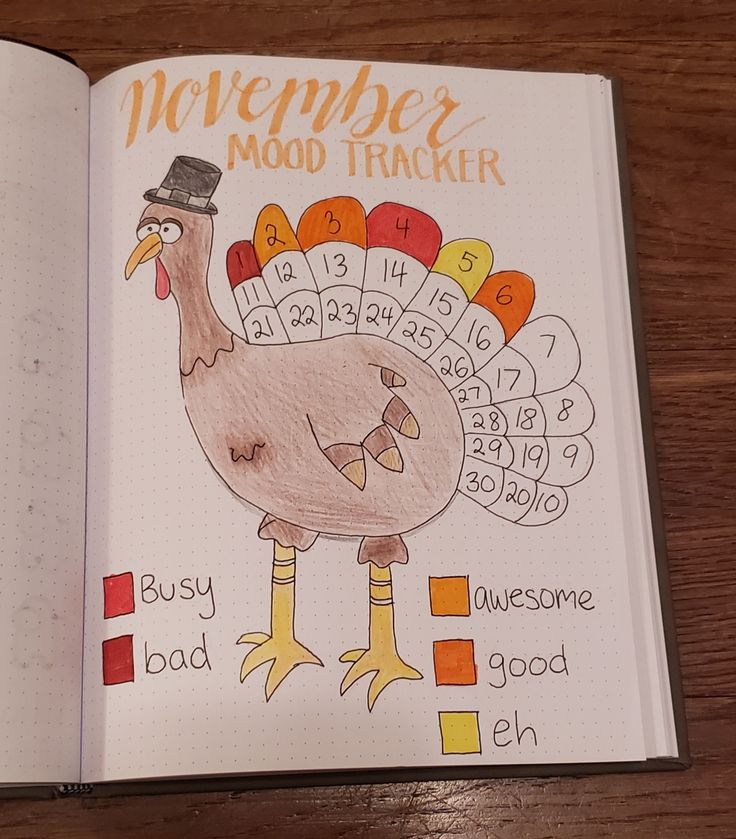 an open book with a drawing of a turkey on it's cover and the words, november mood trackerr