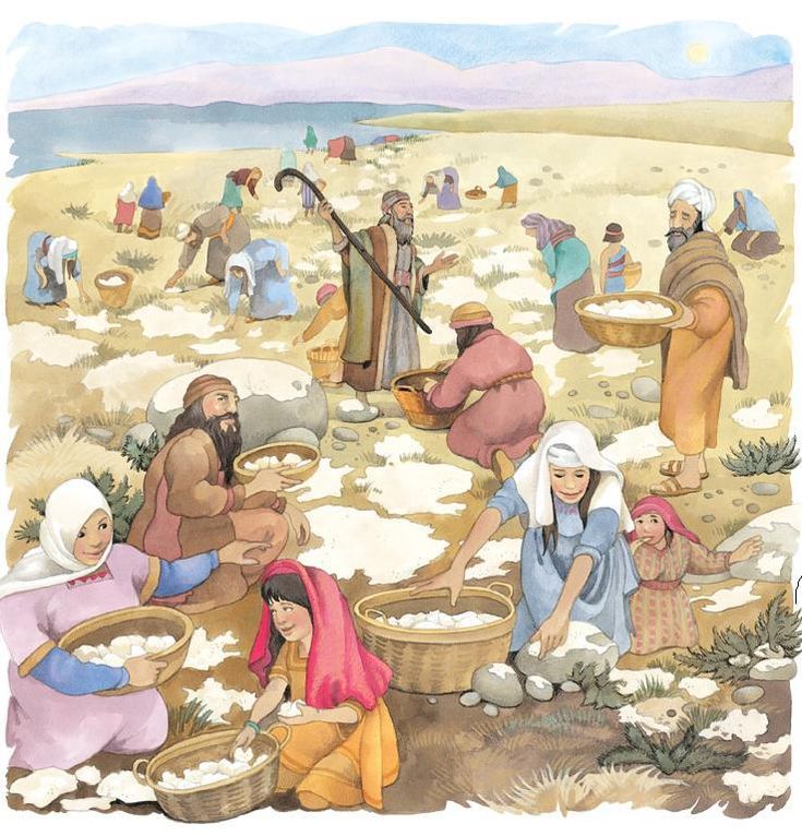 a painting of people gathering in the desert with baskets and pots on their heads,