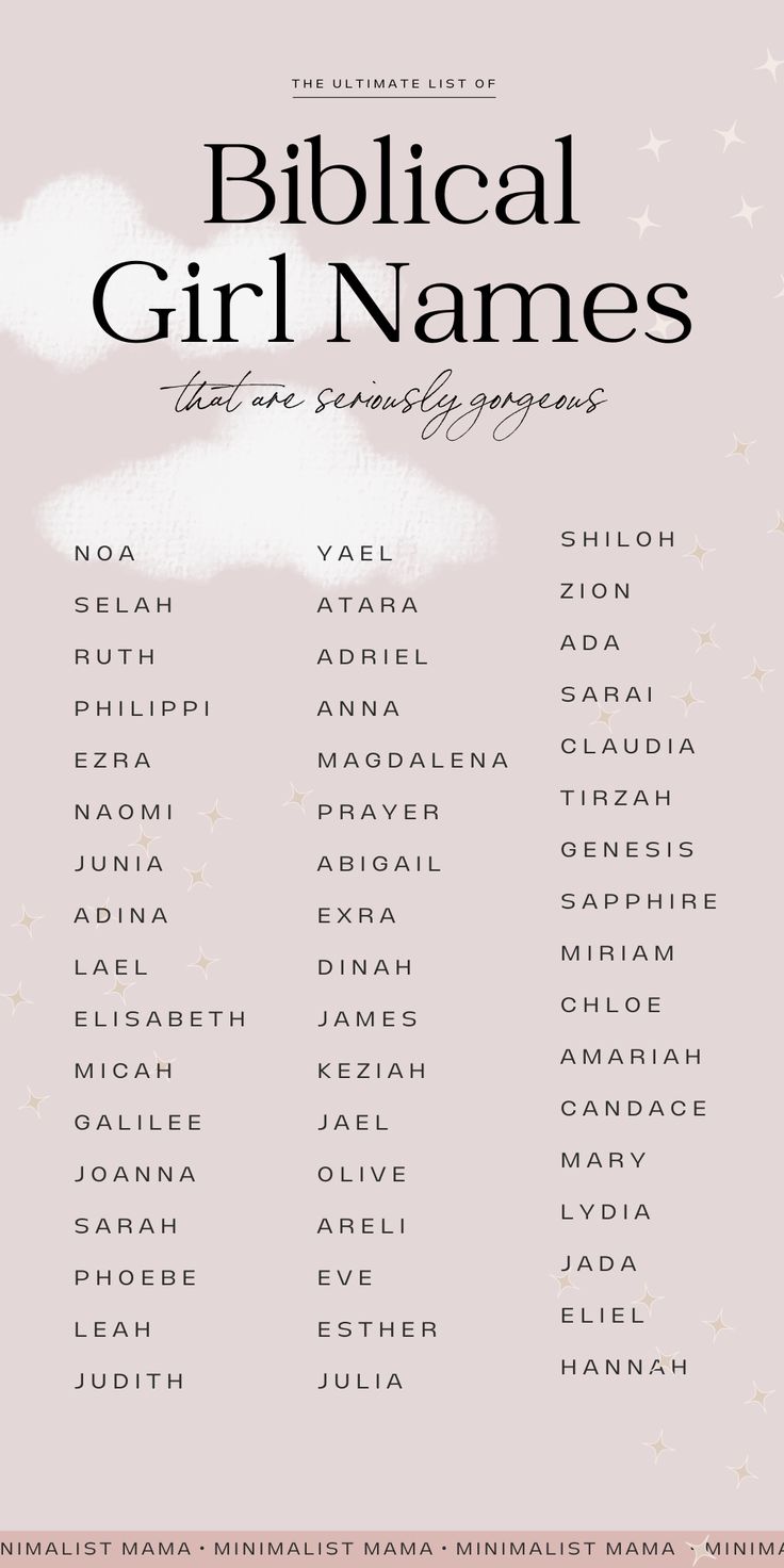 the biblical girl names are shown in black and white on a light pink background with stars