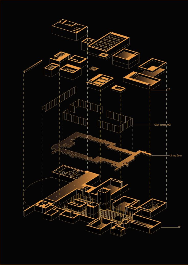 an architectural drawing of a house in gold on a black background with lines and dots