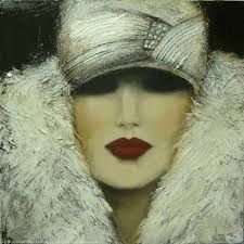 a painting of a woman wearing a white fur coat and hat with her eyes closed