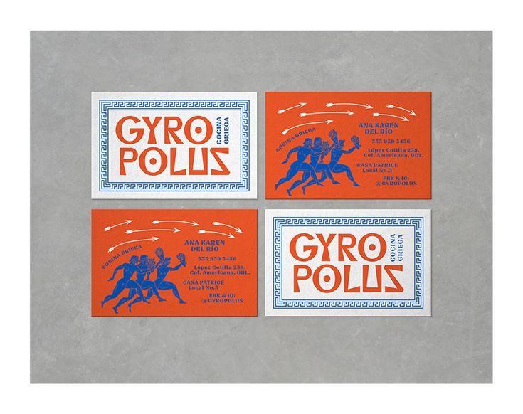 three orange and blue business cards with the words gyro polis on them