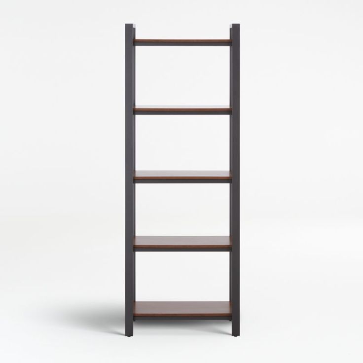 a tall wooden shelf sitting on top of a white floor