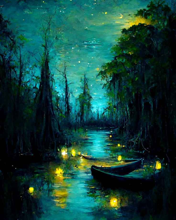 a painting of a boat in the middle of a river at night with lights on it