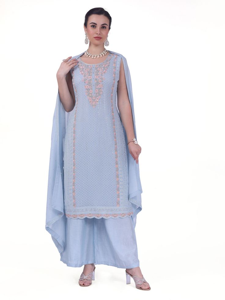 Arya Georgette Tiki Resham Embroidered Palazzo Suit. Readymade premium georgette fabric Enhanced with tiki & resham embroidery work Comes with dupatta, palazzo pants Sleeves attached as per image. Experience elegance and comfort with our Arya Palazzo Suit. Made with high-quality georgette fabric and featuring stunning Tiki Resham embroidery, this suit is perfect for any occasion. The palazzo pants provide a relaxed fit and added convenience. Embroidered Georgette Unstitched Suit For Reception, Chinon Straight Kurta Set For Reception, Designer Wear Floor-length Chikankari Embroidery Sets, Embroidered Semi-stitched Sharara In Maxi Length, Embroidered Georgette Lawn Suit For Reception, Floor-length Sets With Chikankari Embroidery For Festivals, Designer Chikankari Embroidery Floor-length Set, Embroidered Semi-stitched Sets Maxi Length, Embroidered Floor-length Palazzo Set In Chinon