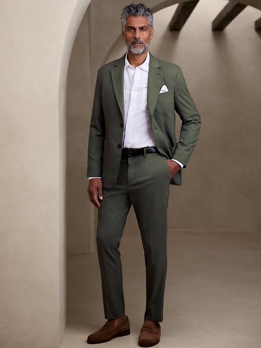 Tailored-Fit Herringbone Dobby Suit Trouser | Banana Republic Factory Mens Casual Suit Outfits, Men Suit No Tie, Men’s Cocktail Wear Summer, Garden Party Wedding Mens Outfit, Resort Formal Men, Men’s Fall Suits, Rehearsal Dinner Mens Outfit, Officiant Outfit Men, Men’s Cocktail Attire For Wedding