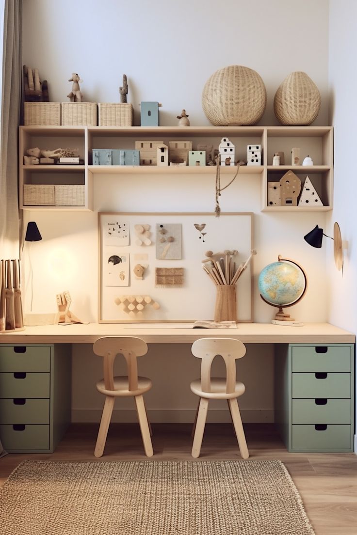 a desk with two chairs and shelves above it