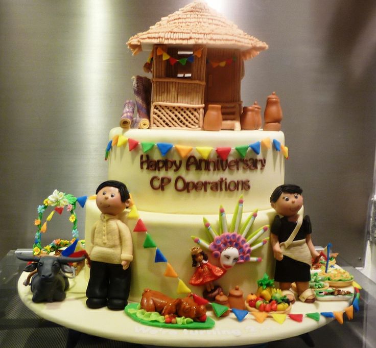 a birthday cake with two people standing in front of it