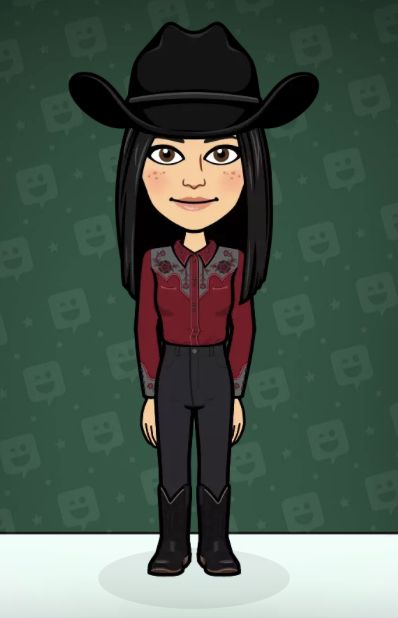 the cartoon character is wearing a cowboy hat and black pants, while she has long dark hair