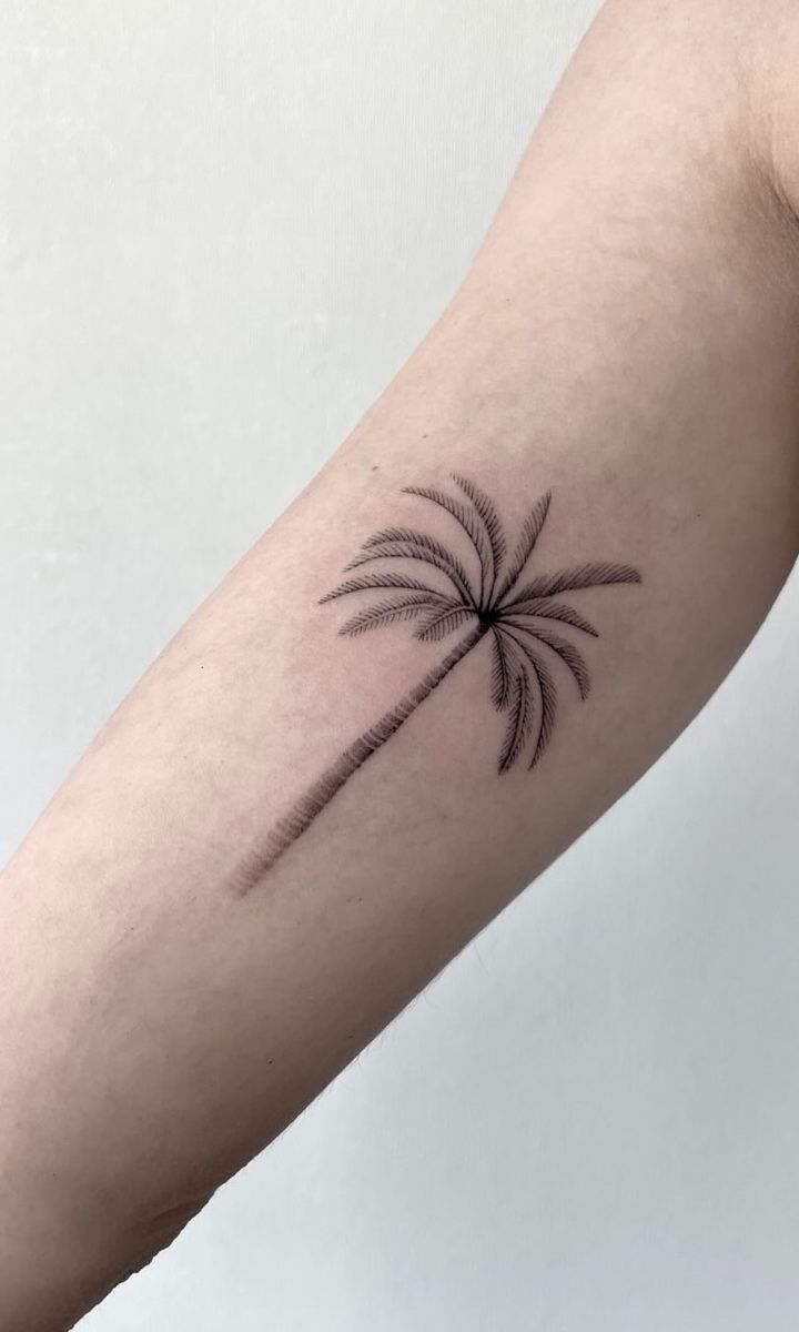 a small palm tree tattoo on the arm