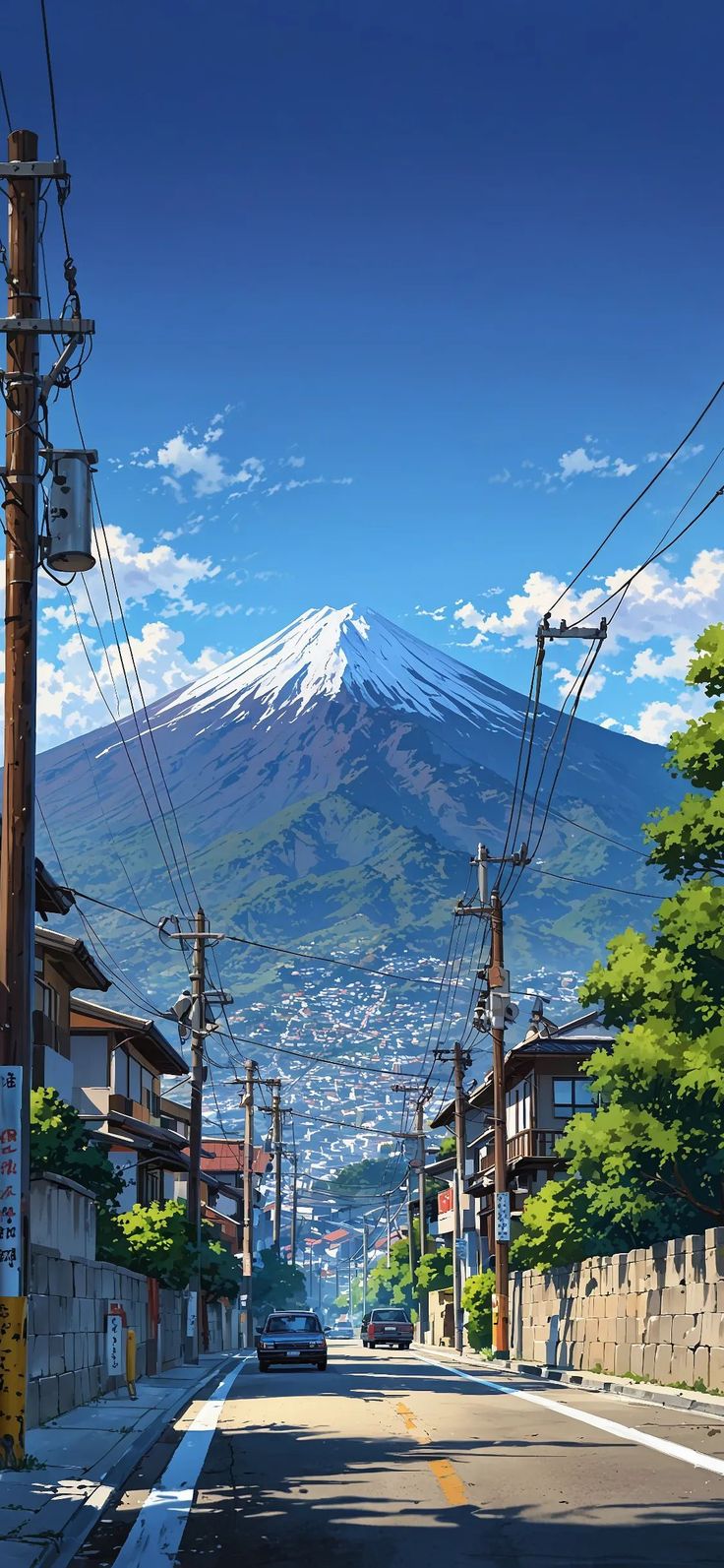 a car driving down a street in front of a mountain with power lines above it