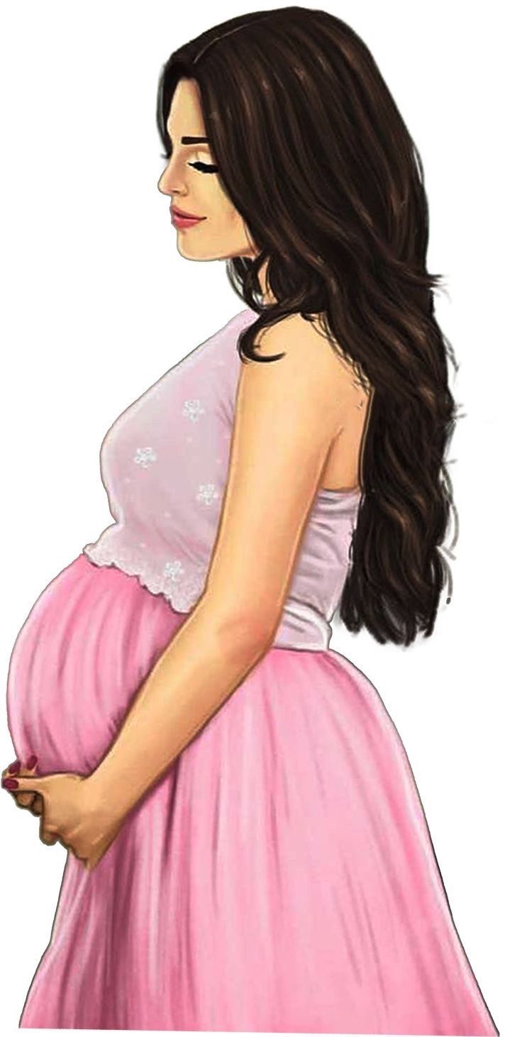 a drawing of a pregnant woman wearing a pink dress and holding her hand on her belly