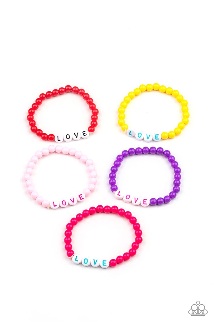 Bracelets in assorted colors.  Spelling out the word, "LOVE,'" this colorful stretchy bracelet is in the shade of Pink beads.

Sold as one kid's stretch bracelet. Paparazzi Accessories Jewelry, Children's Jewelry, The Word Love, Bracelet Kit, Word Love, Yellow And Purple, Bracelet Kits, Kids Bracelets, Paparazzi Accessories