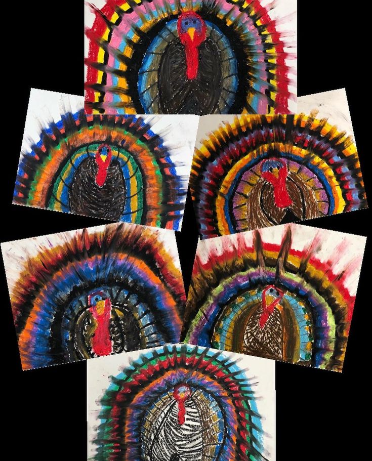 four different colored images of turkeys in a circle